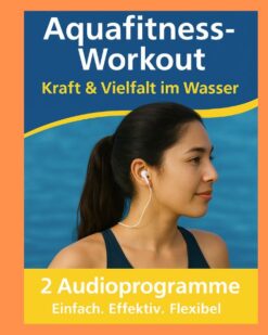 Junge sympathische Frau mit Kopfhörern und dunklem Badeanzug, im Hintergrund Wasser, in weißer Schrift auf blauem Hintergrund " Aquafitness-Workout" darunter in gelber Schrift auf blauem Grund "Kraft & Vielfalt im Wasser", darunter in weißer Schrift auf gelben Hintergrund "2 Audioprogramme Einfach. Effektiv. Flexibel"