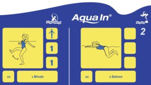 Gezeigt ist eine Übungstafel für Aqua-In Übungen. Im linken Teil des Bildes ist das Piktogramm Kicken und die dazugehörigen Detailangaben, wie am Ort üben und darunter 2 x 1 Minute angezeigt. Im rechten Bildteil ist das Piktogram zum Brustschwimmen und die Detailangabe 2 x 2 Bahnen gezeigt. Die Piktogramme sind auf gelben Tafeln vor blauem Hintergrund dargestellt. Das Bild dient als Blogbeitragbild für den Blogartikel, Übungen für ein 15 Minuten Aquafitness Ptrogramm