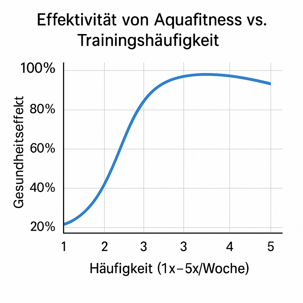 Die Abbildung visualisiert die Effektivität von Aquafitness vs. Trainingshäufigkeit. Dargestellt ist ein Diagramm mit schwarzem Koordinatensystem und blauer Kurve: X-Achse: Häufigkeit (1x – 5x/Woche); Y-Achse: Gesundheitseffekt (Skala von 0–100%); Kurve mit Plateau ab 3x/Woche, Abfall bei >5x/Woche ohne Regeneration