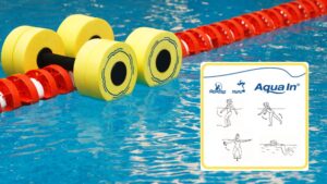Gelbe Aquafitness-Hanteln liegen auf einer roten Leine im Schwimmbecken. Rechts daneben im gelb umrahmten Kasten in schwarz-weißen Zeichnungen einer weiblichen Person die sieben Basisübungen für Aquafitness aus dem Aqua In Konzept.