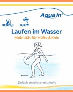 Das Bild ist orange umrandet und zeigt das Piktogramm zur Aqua In Übung Laufen in einem gelben Rahmen. Eine in schwarz-weiß gezeichnete weibliche Person läuft im Wasser, das hellblau im Hintergrund angedeutet ist. Über der Person steht in blauer Schrift: "Laufen im Wasser", darunter in oranger Schrift; "Mobilitätäfür Hüfte & Knie" und unter der Person in grauer Schrift "Einfach angeleitet mit Audio".