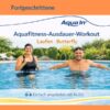 Das Bild zeigt eine Frau im schwarzen Badeanzug und schwarzer Badekappe, die in einem Pool Aquajogging macht. Daneben ist ein Mann mit Schwimmbrille auf der Stirn und weit ausgebreiteten Armen, bereit für Aquafitness. Über den Personen steht in oranger Schrift; „Laufen, Butterfly“ darüber in blauer Schrift; „Aquafitness-Ausdauer-Workout“ Darüber das AQUA IN Logo und eine blaue Welle. In der Kopfzeile des Bildes auf orangenem Hintergrund in blauer Schrift steht „Fortgeschrittene“. Unter den Personen ist auf hellblauem Hintergrund ein Piktogramm eines Kopfhörers zu sehen und daneben steht in grauer Schrift; „Einfach angeleitet mit Audio“. Das Bild fungiert als Produkt-Bild für Aquafitness-Ausdauer-Workouts für Fortgeschrittene im AQUA IN Online-Shop.