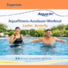 Das Bild zeigt eine Frau im schwarzen Badeanzug und schwarzer Badekappe, die in einem Pool Aquajogging macht. Daneben ist ein Mann mit Schwimmbrille auf der Stirn und weit ausgebreiteten Armen, bereit für Aquafitness. Über den Personen steht in oranger Schrift; „Laufen, Butterfly“ darüber in blauer Schrift; „Aquafitness-Ausdauer-Workout“ Darüber das AQUA IN Logo und eine blaue Welle. In der Kopfzeile des Bildes auf orangenem Hintergrund in blauer Schrift steht „Experten“. Unter den Personen ist auf hellblauem Hintergrund ein Piktogramm eines Kopfhörers zu sehen und daneben steht in grauer Schrift; „Einfach angeleitet mit Audio“. Das Bild fungiert als Produkt-Bild für Aquafitness-Ausdauer-Workouts für Experten im AQUA IN Online-Shop.