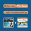 Auf blauem Hintergrund ist das Bild in drei Sektionen unterteilt. Oben steht auf orangenem Hintergrund in blauer Schrift „Online Kurs“ und daneben in weißer Schrift auf orangenem Hintergrund „After Work“. Darunter steht in blauer Schrift auf orangenem Hintergrund „2 Audio-Trainingsprogramme inkl.“ Und darunter sind die Produktbilder der Audio-Trainingsprogramme abgebildet. Das Bild fungiert als Produkt-Bild für Online-Kurse im AQUA IN Online-Shop.