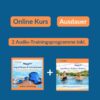 Auf blauem Hintergrund ist das Bild in drei Sektionen unterteilt. Oben steht auf orangenem Hintergrund in blauer Schrift „Online Kurs“ und daneben in weißer Schrift auf orangenem Hintergrund „Ausdauer“. Darunter steht in blauer Schrift auf orangenem Hintergrund „2 Audio-Trainingsprogramme inkl.“ Und darunter sind die Produktbilder der Audio-Trainingsprogramme abgebildet. Das Bild fungiert als Produkt-Bild für Online-Kurse im AQUA IN Online-Shop.
