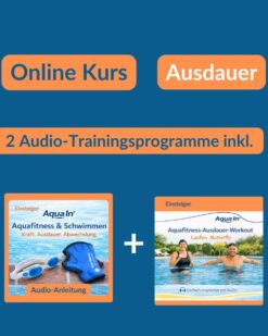 Auf blauem Hintergrund ist das Bild in drei Sektionen unterteilt. Oben steht auf orangenem Hintergrund in blauer Schrift „Online Kurs“ und daneben in weißer Schrift auf orangenem Hintergrund „Ausdauer“. Darunter steht in blauer Schrift auf orangenem Hintergrund „2 Audio-Trainingsprogramme inkl.“ Und darunter sind die Produktbilder der Audio-Trainingsprogramme abgebildet. Das Bild fungiert als Produkt-Bild für Online-Kurse im AQUA IN Online-Shop.