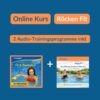 Auf blauem Hintergrund ist das Bild in drei Sektionen unterteilt. Oben steht auf orangenem Hintergrund in blauer Schrift „Online Kurs“ und daneben in weißer Schrift auf orangenem Hintergrund „Rücken Fit“. Darunter steht in blauer Schrift auf orangenem Hintergrund „2 Audio-Trainingsprogramme inkl.“ Und darunter sind die Produktbilder der Audio-Trainingsprogramme abgebildet. Das Bild fungiert als Produkt-Bild für Online-Kurse im AQUA IN Online-Shop.