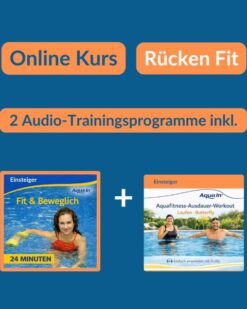 Auf blauem Hintergrund ist das Bild in drei Sektionen unterteilt. Oben steht auf orangenem Hintergrund in blauer Schrift „Online Kurs“ und daneben in weißer Schrift auf orangenem Hintergrund „Rücken Fit“. Darunter steht in blauer Schrift auf orangenem Hintergrund „2 Audio-Trainingsprogramme inkl.“ Und darunter sind die Produktbilder der Audio-Trainingsprogramme abgebildet. Das Bild fungiert als Produkt-Bild für Online-Kurse im AQUA IN Online-Shop.