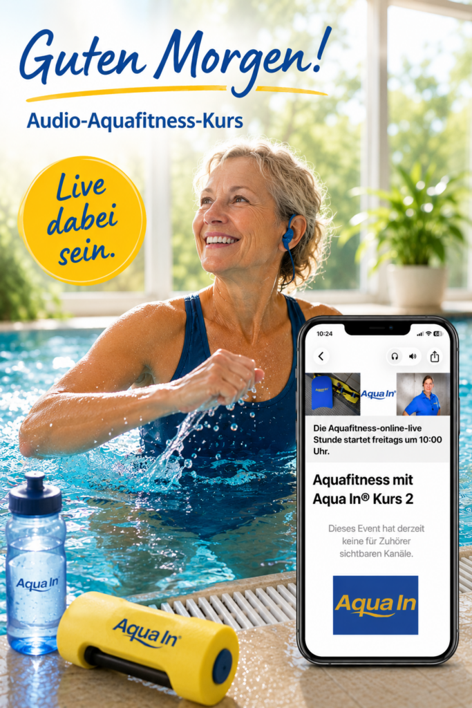 Produktbild für einen Audio-Aquafitness-Kurs am Freitagvormittag. Eine lächelnde Frau trainiert mit blauen Kopfhörern selbstständig im Wasser eines hellen Schwimmbads. Die Stimmung wirkt frisch, leicht und motivierend. Im Vordergrund liegen Aquafitness-Geräte am Beckenrand. Rechts im Bild ist ein Smartphone mit der LiveVoice-Kursansicht und dem Kurs ‚Aquafitness mit Aqua In® Kurs 2‘ zu sehen. Darüber stehen die Texte ‚Guten Morgen!‘, ‚Audio-Aquafitness-Kurs‘ und in einem gelben Kreis „Live dabei sein“.