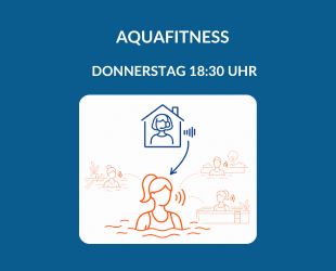 Produktbild für einen Live-Online-Aquafitnesskurs am Donnerstag um 18:30 Uhr. Oben im Bild ist eine Trainerin mit Headset in einem blau gezeichneten Haus-Symbol zu sehen, die den Kurs live anleitet. Darunter ist in oranger Farbe eine Frau zu sehen, die die Anleitungen über Kopfhörer hört und selbstständig im Wasser übt. Weitere Schwimmbadgäste sind im Hintergrund angedeutet.