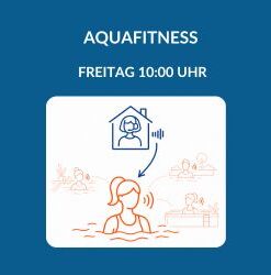 Produktbild für einen Live-Online-Aquafitnesskurs am Freitag um 10:00 Uhr. Oben im Bild ist eine Trainerin mit Headset in einem blau gezeichneten Haus-Symbol zu sehen, die den Kurs live anleitet. Darunter ist in oranger Farbe eine Frau zu sehen, die die Anleitungen über Kopfhörer hört und selbstständig im Wasser übt. Weitere Schwimmbadgäste sind im Hintergrund angedeutet.