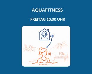 Produktbild für einen Live-Online-Aquafitnesskurs am Freitag um 10:00 Uhr. Oben im Bild ist eine Trainerin mit Headset in einem blau gezeichneten Haus-Symbol zu sehen, die den Kurs live anleitet. Darunter ist in oranger Farbe eine Frau zu sehen, die die Anleitungen über Kopfhörer hört und selbstständig im Wasser übt. Weitere Schwimmbadgäste sind im Hintergrund angedeutet.