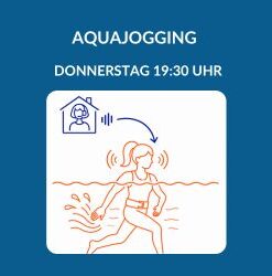 Produktbild für einen Live-Online-Aquajoggingkurs am Donnerstag um 19:30 Uhr. Oben im Bild ist eine Trainerin mit Headset in einem blau gezeichneten Haus-Symbol zu sehen, die den Kurs live anleitet. Darunter ist in oranger Farbe eine Frau mit Aquajogging-Gürtel zu sehen, die die Anleitungen über Kopfhörer hört und selbstständig im Wasser Aquajogging übt. Die dynamische Arm- und Beinbewegung im Wasser ist durch Wasserbewegungen angedeutet.