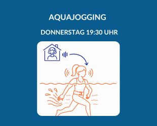 Produktbild für einen Live-Online-Aquajoggingkurs am Donnerstag um 19:30 Uhr. Oben im Bild ist eine Trainerin mit Headset in einem blau gezeichneten Haus-Symbol zu sehen, die den Kurs live anleitet. Darunter ist in oranger Farbe eine Frau mit Aquajogging-Gürtel zu sehen, die die Anleitungen über Kopfhörer hört und selbstständig im Wasser Aquajogging übt. Die dynamische Arm- und Beinbewegung im Wasser ist durch Wasserbewegungen angedeutet.