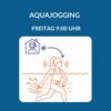 Produktbild für einen Live-Online-Aquajoggingkurs am Freitag um 9:00 Uhr. Oben im Bild ist eine Trainerin mit Headset in einem blau gezeichneten Haus-Symbol zu sehen, die den Kurs live anleitet. Darunter ist in oranger Farbe eine Frau mit Aquajogging-Gürtel zu sehen, die die Anleitungen über Kopfhörer hört und selbstständig im Wasser Aquajogging übt. Die dynamische Arm- und Beinbewegung im Wasser ist durch Wasserbewegungen angedeutet.