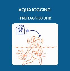 Produktbild für einen Live-Online-Aquajoggingkurs am Freitag um 9:00 Uhr. Oben im Bild ist eine Trainerin mit Headset in einem blau gezeichneten Haus-Symbol zu sehen, die den Kurs live anleitet. Darunter ist in oranger Farbe eine Frau mit Aquajogging-Gürtel zu sehen, die die Anleitungen über Kopfhörer hört und selbstständig im Wasser Aquajogging übt. Die dynamische Arm- und Beinbewegung im Wasser ist durch Wasserbewegungen angedeutet.