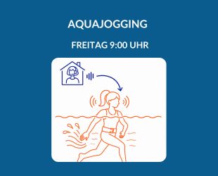 Produktbild für einen Live-Online-Aquajoggingkurs am Freitag um 9:00 Uhr. Oben im Bild ist eine Trainerin mit Headset in einem blau gezeichneten Haus-Symbol zu sehen, die den Kurs live anleitet. Darunter ist in oranger Farbe eine Frau mit Aquajogging-Gürtel zu sehen, die die Anleitungen über Kopfhörer hört und selbstständig im Wasser Aquajogging übt. Die dynamische Arm- und Beinbewegung im Wasser ist durch Wasserbewegungen angedeutet.