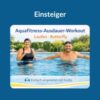 Das Bild zeigt eine Frau im schwarzen Badeanzug und schwarzer Badekappe, die in einem Pool Aquajogging macht. Daneben ist ein Mann mit Schwimmbrille auf der Stirn und weit ausgebreiteten Armen, bereit für Aquafitness. Über den Personen steht in oranger Schrift; „Laufen, Butterfly“ darüber in blauer Schrift; „Aquafitness-Ausdauer-Workout“ In der Kopfzeile des Bildes steht in weißer Schrift „Einsteiger“. Unter den Personen ist auf hellblauem Hintergrund ein Piktogramm eines Kopfhörers zu sehen und daneben steht in grauer Schrift; „Einfach angeleitet mit Audio“. Das Bild fungiert als Produkt-Bild für Aquafitness-Ausdauer-Workouts für Experten im AQUA IN Online-Shop.