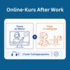 Das Bild dient als Grafik für einen Online-Aquafitnesskurs mit zwei Kursbestandteilen. Links ein blaues Piktogramm eines Webinars mit Trainerin am Bildschirm und dem Text „Theorie als Webinar“. Rechts ein oranges Piktogramm einer Frau im Wasser mit Leiter und dem Text „Praxis im Lieblingsbad“. In der Mitte verbindet ein Pluszeichen beide Bereiche. Unten Hinweis auf „2 Audio-Trainingsprogramme“ mit Kopfhörer-Symbol. Minimalistisches Design in Blau und Orange auf weißem Hintergrund. Über der Graphik steht in weißer Schrift „Online-Kurs After Work“.
