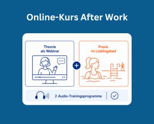 Das Bild dient als Grafik für einen Online-Aquafitnesskurs mit zwei Kursbestandteilen. Links ein blaues Piktogramm eines Webinars mit Trainerin am Bildschirm und dem Text „Theorie als Webinar“. Rechts ein oranges Piktogramm einer Frau im Wasser mit Leiter und dem Text „Praxis im Lieblingsbad“. In der Mitte verbindet ein Pluszeichen beide Bereiche. Unten Hinweis auf „2 Audio-Trainingsprogramme“ mit Kopfhörer-Symbol. Minimalistisches Design in Blau und Orange auf weißem Hintergrund. Über der Graphik steht in weißer Schrift „Online-Kurs After Work“.