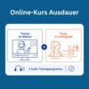 Das Bild dient als Grafik für einen Online-Aquafitnesskurs mit zwei Kursbestandteilen. Links ein blaues Piktogramm eines Webinars mit Trainerin am Bildschirm und dem Text „Theorie als Webinar“. Rechts ein oranges Piktogramm einer Frau im Wasser mit Leiter und dem Text „Praxis im Lieblingsbad“. In der Mitte verbindet ein Pluszeichen beide Bereiche. Unten Hinweis auf „2 Audio-Trainingsprogramme“ mit Kopfhörer-Symbol. Minimalistisches Design in Blau und Orange auf weißem Hintergrund. Über der Graphik steht in weißer Schrift „Online-Kurs Ausdauer“.