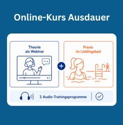 Das Bild dient als Grafik für einen Online-Aquafitnesskurs mit zwei Kursbestandteilen. Links ein blaues Piktogramm eines Webinars mit Trainerin am Bildschirm und dem Text „Theorie als Webinar“. Rechts ein oranges Piktogramm einer Frau im Wasser mit Leiter und dem Text „Praxis im Lieblingsbad“. In der Mitte verbindet ein Pluszeichen beide Bereiche. Unten Hinweis auf „2 Audio-Trainingsprogramme“ mit Kopfhörer-Symbol. Minimalistisches Design in Blau und Orange auf weißem Hintergrund. Über der Graphik steht in weißer Schrift „Online-Kurs Ausdauer“.