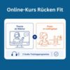 Das Bild dient als Grafik für einen Online-Aquafitnesskurs mit zwei Kursbestandteilen. Links ein blaues Piktogramm eines Webinars mit Trainerin am Bildschirm und dem Text „Theorie als Webinar“. Rechts ein oranges Piktogramm einer Frau im Wasser mit Leiter und dem Text „Praxis im Lieblingsbad“. In der Mitte verbindet ein Pluszeichen beide Bereiche. Unten Hinweis auf „2 Audio-Trainingsprogramme“ mit Kopfhörer-Symbol. Minimalistisches Design in Blau und Orange auf weißem Hintergrund. Über der Graphik steht in weißer Schrift „Online-Kurs Rücken Fit“.