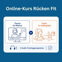 Das Bild dient als Grafik für einen Online-Aquafitnesskurs mit zwei Kursbestandteilen. Links ein blaues Piktogramm eines Webinars mit Trainerin am Bildschirm und dem Text „Theorie als Webinar“. Rechts ein oranges Piktogramm einer Frau im Wasser mit Leiter und dem Text „Praxis im Lieblingsbad“. In der Mitte verbindet ein Pluszeichen beide Bereiche. Unten Hinweis auf „2 Audio-Trainingsprogramme“ mit Kopfhörer-Symbol. Minimalistisches Design in Blau und Orange auf weißem Hintergrund. Über der Graphik steht in weißer Schrift „Online-Kurs Rücken Fit“.