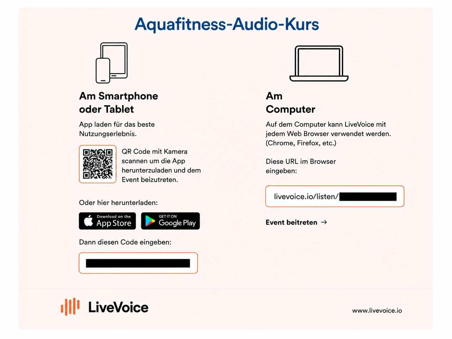 Infografik zur Anmeldung und Nutzung eines Aqua In Live-Audio-Kurses über die LiveVoice App. Die Überschrift „Aquafitness-Audio-Kurs“ ist in blauer Schrift dargestellt. Die Grafik erklärt zwei Möglichkeiten für den Kurszugang: Links wird gezeigt, wie Teilnehmerinnen die LiveVoice App auf Smartphone oder Tablet herunterladen, den QR-Code scannen und anschließend den persönlichen Zugangscode eingeben. Rechts wird die Teilnahme über einen Computer mit Webbrowser erklärt. Symbole zeigen Smartphone, Tablet und Laptop. Geschwärzte Bereiche verdeutlichen geschützte Zugangsdaten und persönliche Einwahllinks für den Live-Kurs.