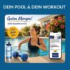 Das Bild zeigt eine junge Frau mit dunkeln Haaren, dunklem Badeanzug und Headset in einem Pool in morgentlicher Stimmung. Im rechten vorderen Bildausschnitt ist ein Handy zu sehen, in dem die App zum Hören von Live-Audio-Kursen zu sehen ist. Das Bild dienst als Produktbild für Live-Audio-Kursen im Pool.