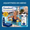 Produktbild für einen Live-Audio-Aquafitness-Kurs am Abend. Eine Frau trainiert mit Kopfhörern selbstständig im Wasser eines hellen Hallenbads. Aquafitness-Geräte am Beckenrand unterstreichen die sportliche Atmosphäre. Der Schriftzug ‚Feierabend‘ und ‚Audio-Aquafitness-Kurs‘ sowie der Hinweis ‚Live dabei sein‘ zeigen, dass der Kurs live per Audio-Anleitung stattfindet.