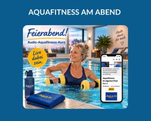 Produktbild für einen Live-Audio-Aquafitness-Kurs am Abend. Eine Frau trainiert mit Kopfhörern selbstständig im Wasser eines hellen Hallenbads. Aquafitness-Geräte am Beckenrand unterstreichen die sportliche Atmosphäre. Der Schriftzug ‚Feierabend‘ und ‚Audio-Aquafitness-Kurs‘ sowie der Hinweis ‚Live dabei sein‘ zeigen, dass der Kurs live per Audio-Anleitung stattfindet.