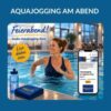 Produktbild für einen Live-Audio-Aquajogging-Kurs am Abend. Eine Frau trainiert mit Aquajogging-Gürtel und Kopfhörern selbstständig im Wasser eines hellen Hallenbads. Die Bewegung im tiefen Wasser vermittelt ein aktives Training nach Feierabend. Der Schriftzug ‚Feierabend‘ und ‚Audio-Aquajogging-Kurs‘ sowie der Hinweis ‚Live dabei sein‘ zeigen, dass der Kurs live per Audio-Anleitung stattfindet.