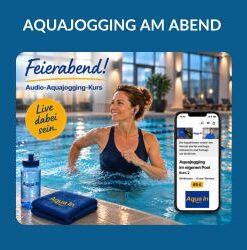 Produktbild für einen Live-Audio-Aquajogging-Kurs am Abend. Eine Frau trainiert mit Aquajogging-Gürtel und Kopfhörern selbstständig im Wasser eines hellen Hallenbads. Die Bewegung im tiefen Wasser vermittelt ein aktives Training nach Feierabend. Der Schriftzug ‚Feierabend‘ und ‚Audio-Aquajogging-Kurs‘ sowie der Hinweis ‚Live dabei sein‘ zeigen, dass der Kurs live per Audio-Anleitung stattfindet.