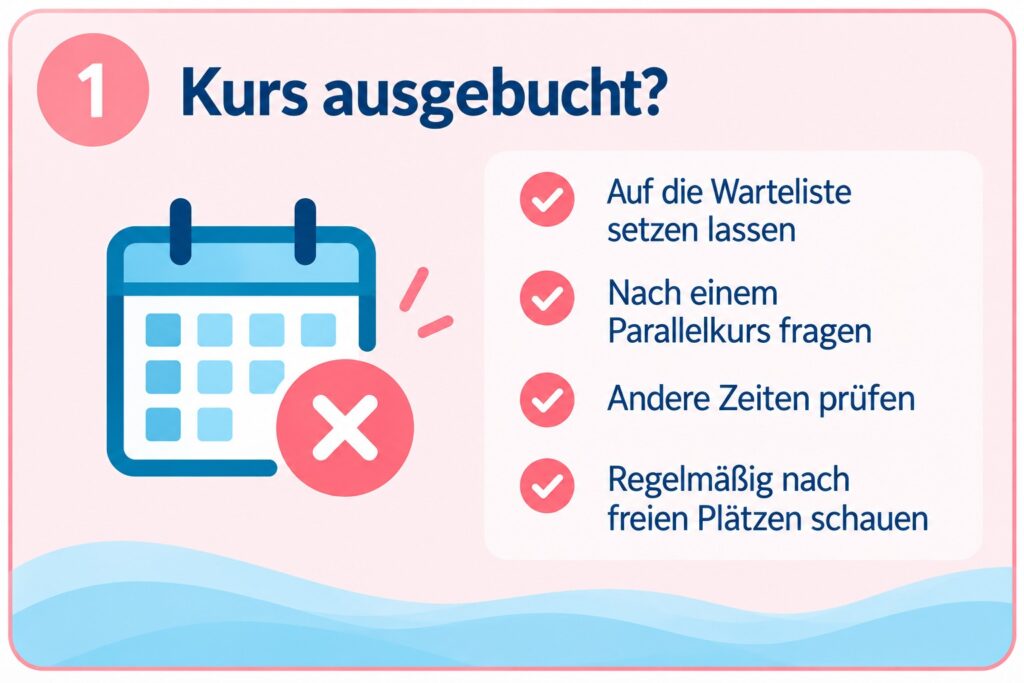 Grafik zu: Aquafitness-Kurs ausgebucht: Tipps zu Warteliste, Parallelkursen, anderen Kurszeiten und freien Plätzen.