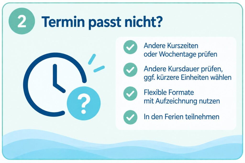 Grafik zu: Aquafitness-Kurs Termin passt nicht: andere Kurszeiten und Wochentage prüfen oder flexible Angebote nutzen.